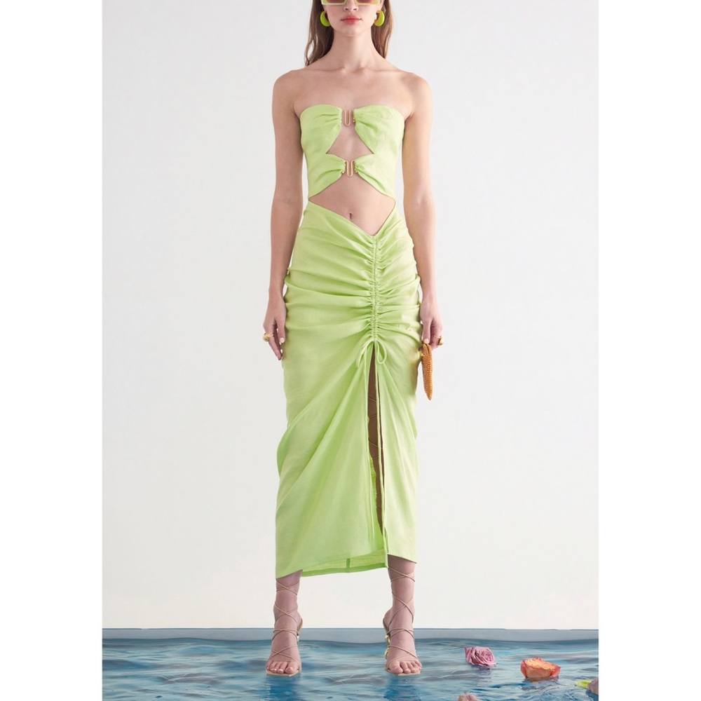 Cult Gaia Green Linen-Blend Midi Cut-Out Donna Dress